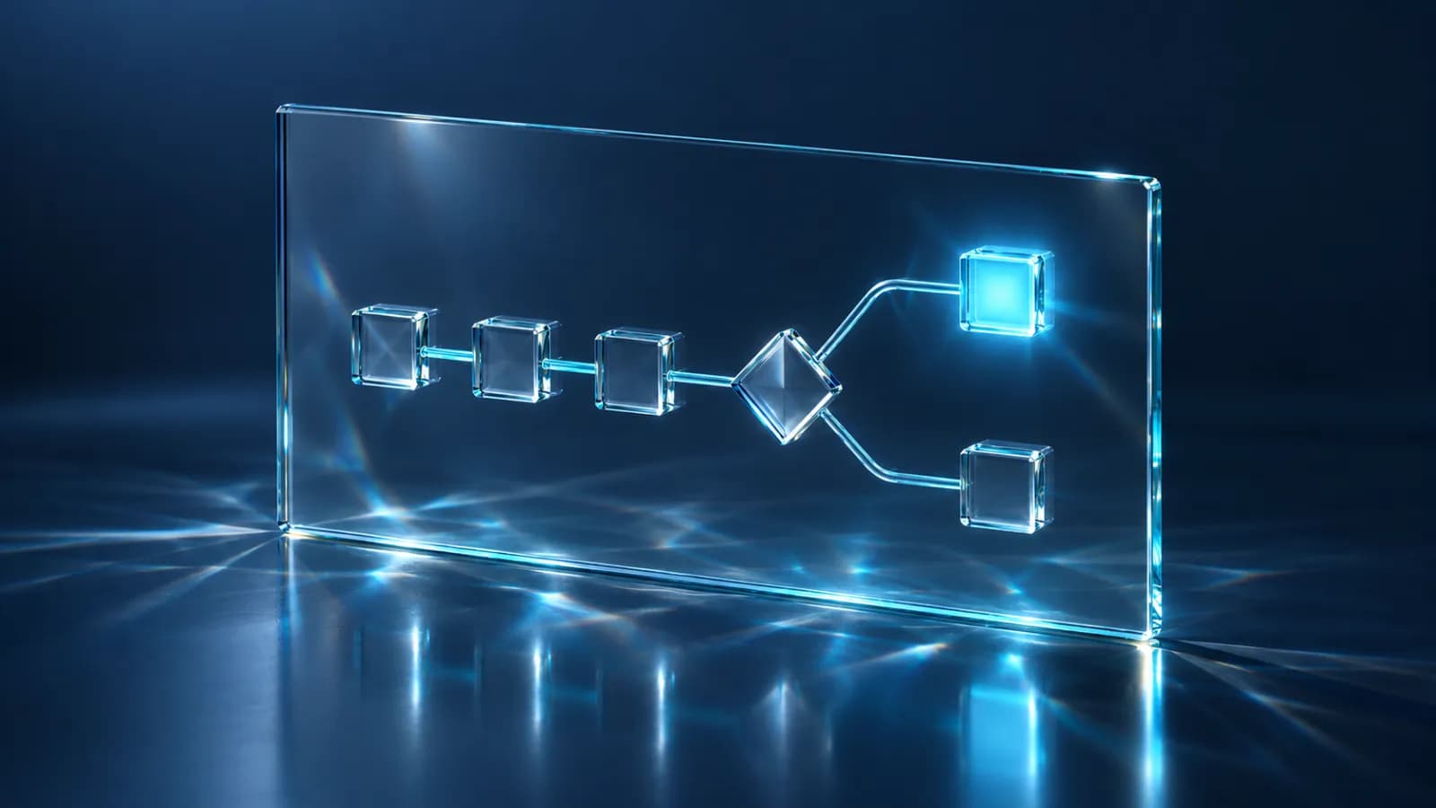 Glass tiles joined by cyan lines into a flow on a glass panel