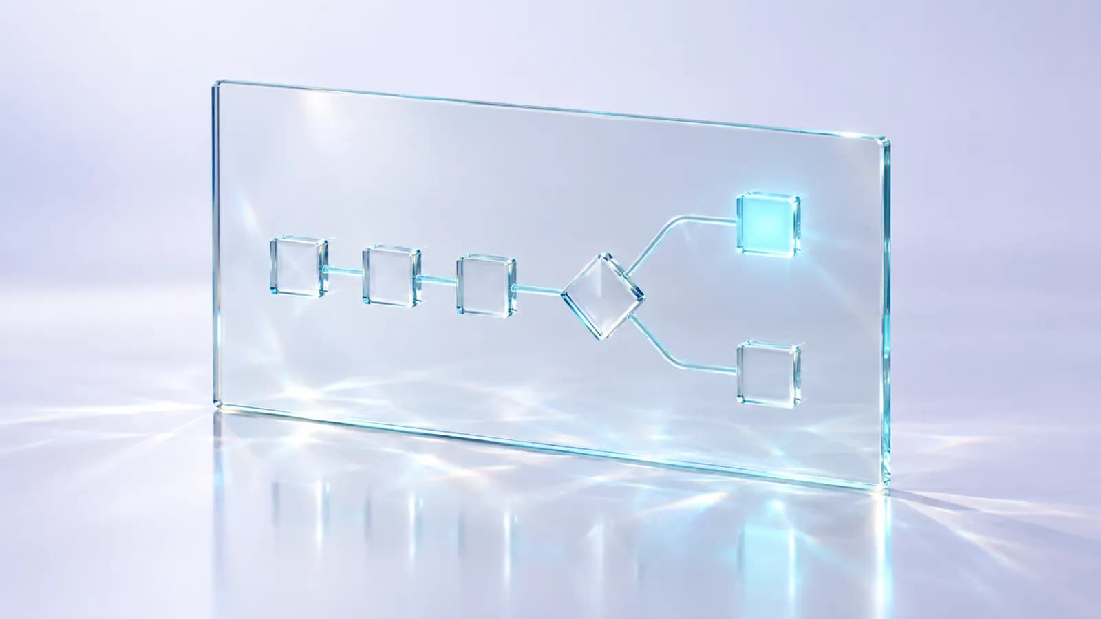 Glass tiles joined by cyan lines into a flow on a glass panel