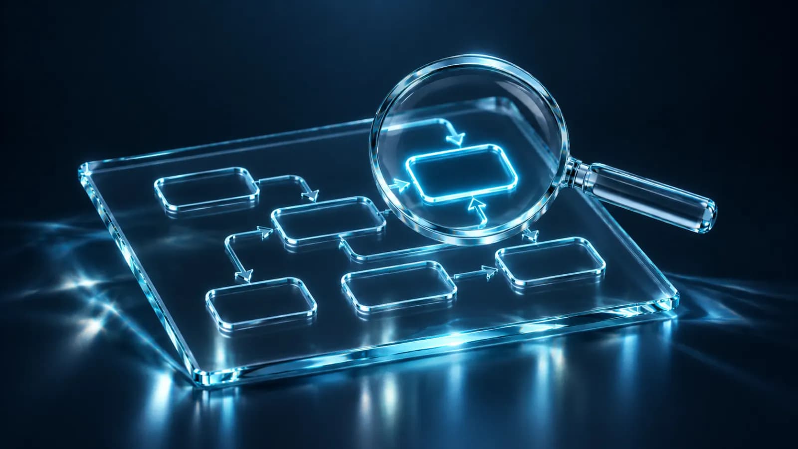 A magnifying lens over a glass sheet etched with a process flowchart