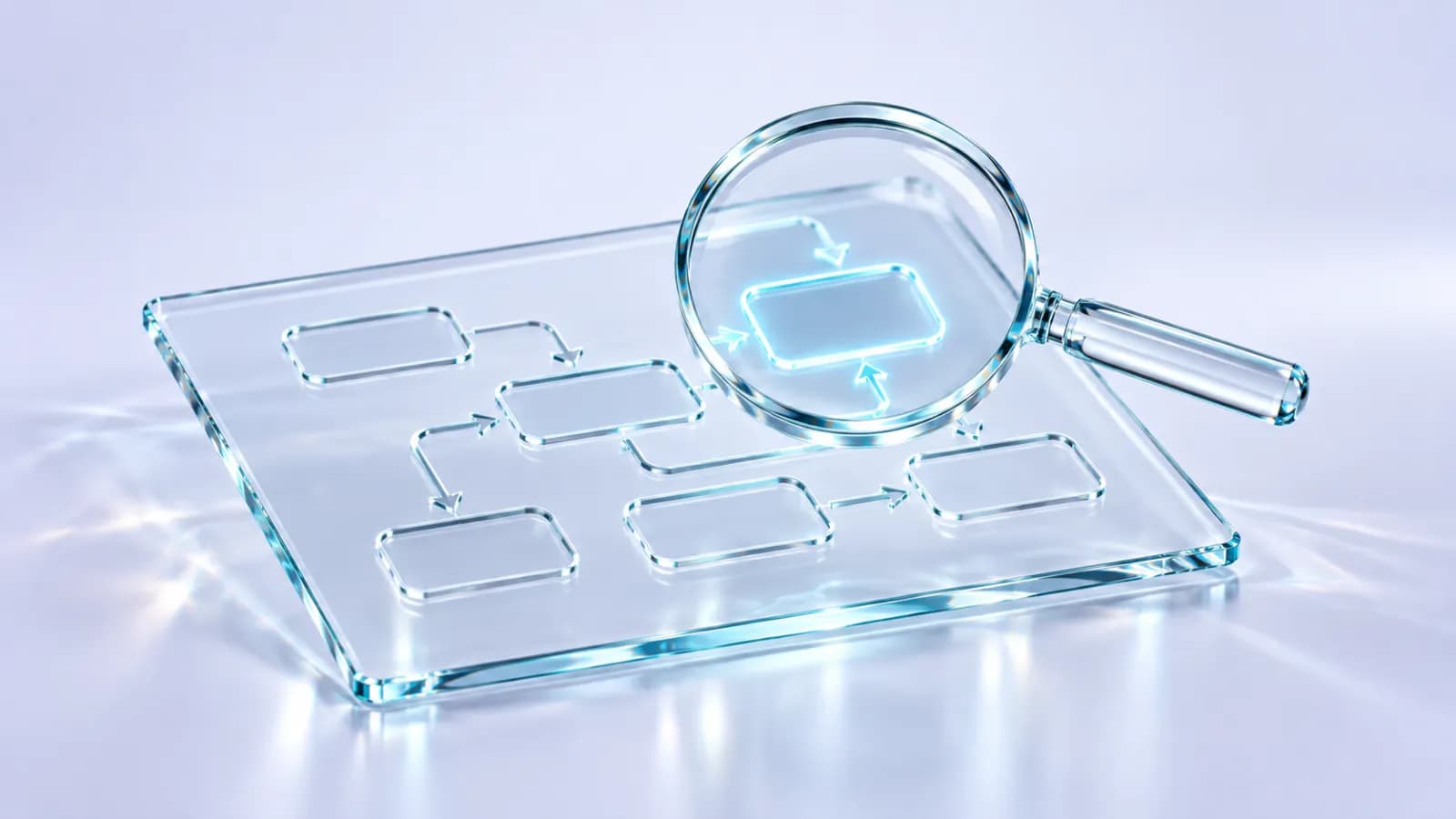 A magnifying lens over a glass sheet etched with a process flowchart