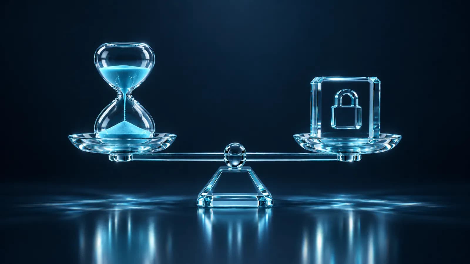 A glass hourglass and a sealed glass block balanced on a beam