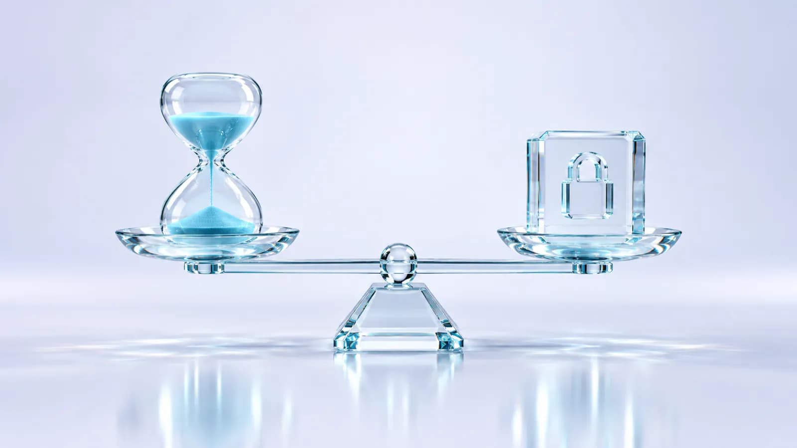 A glass hourglass and a sealed glass block balanced on a beam