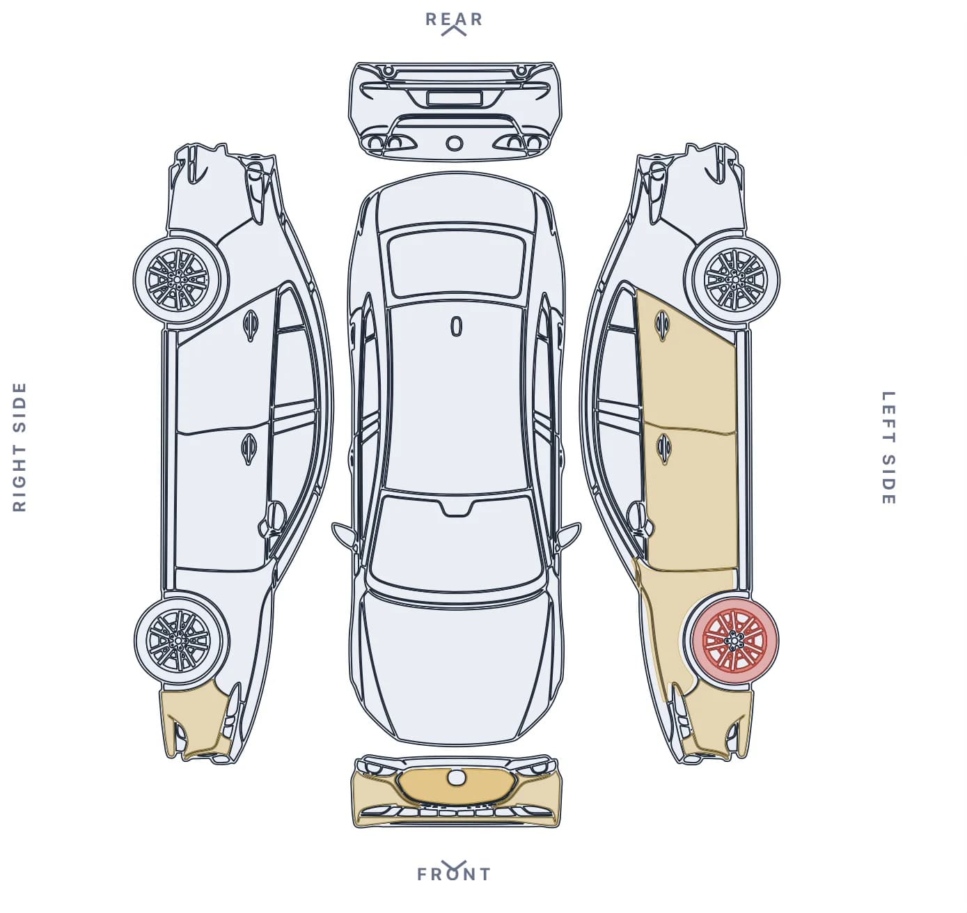 A car drawn from above and from both sides, with the damaged panels and a wheel shaded