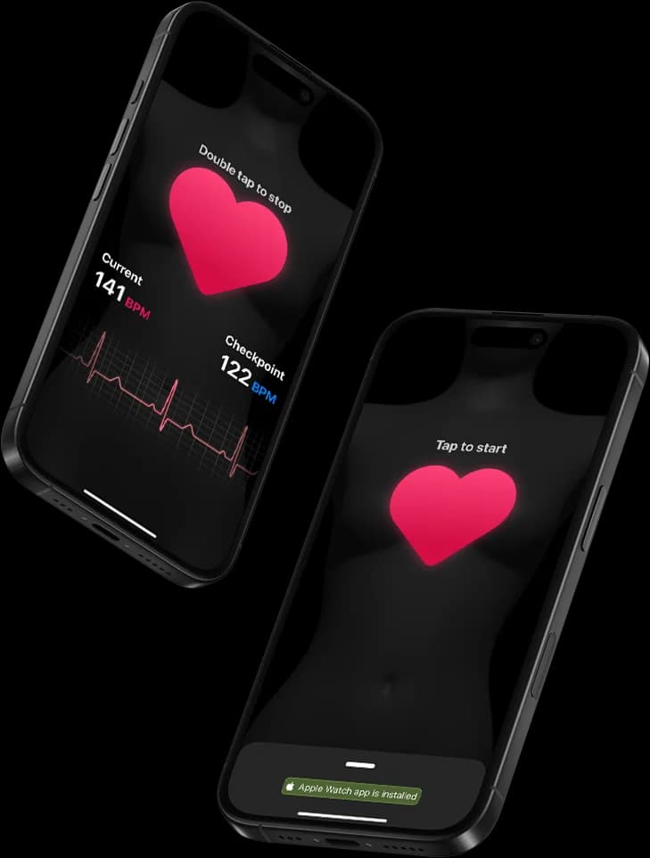 Two iPhones: one showing the pulse and the next target in BPM, the other the start screen